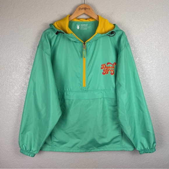 Dutch Bros Packable Mint Green Retro Hooded Windbreaker XL - Unisex, 1/2 Zip - Picture 2 of 13